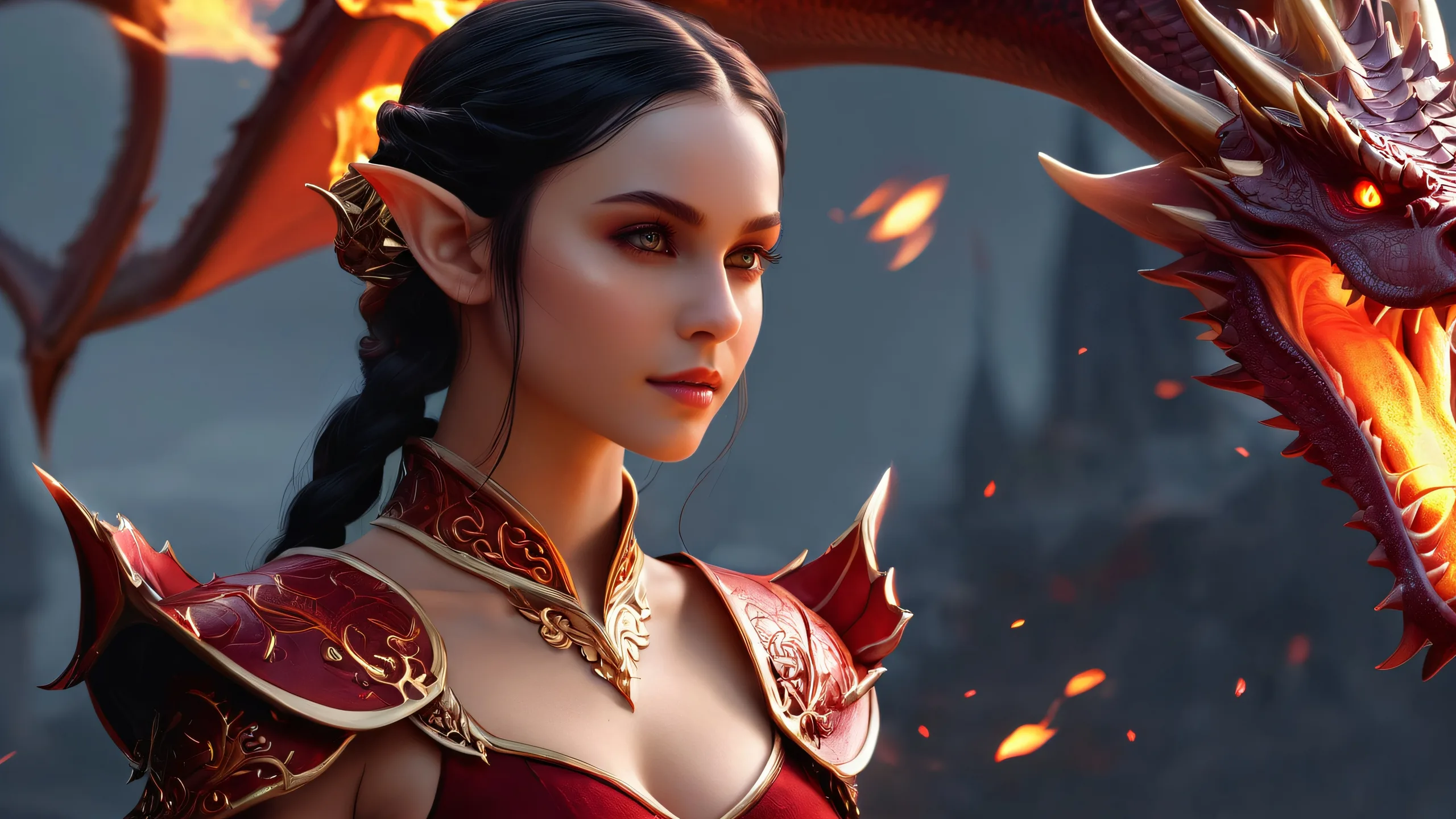 Ultra HD Mystic Realms of Fire and Shadows Wallpaper Elf Girl with Dragon and Fire desktop wallpaper for PC or Desktop, featuring pure void background and fiery sparks.