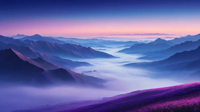 A serene desktop image of a valley filled with thick fog and a starry night sky on a Desktop/PC.