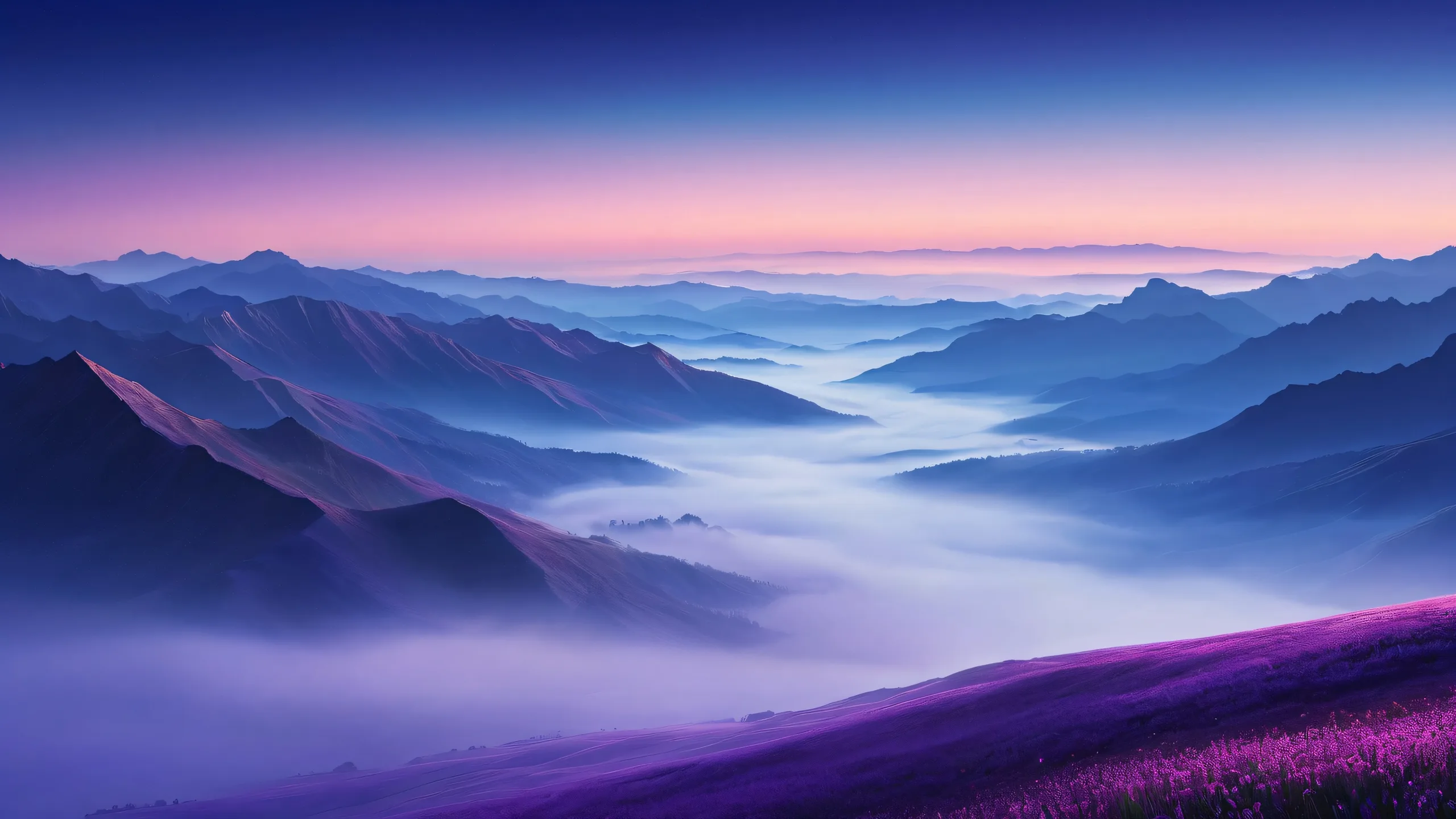 A serene desktop image of a valley filled with thick fog and a starry night sky on a Desktop/PC.