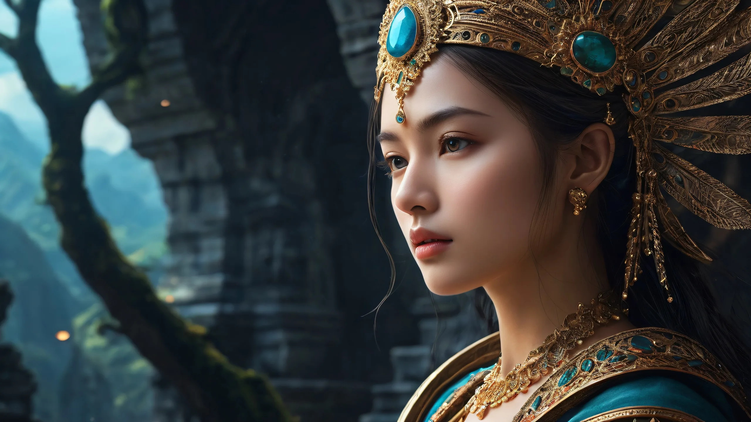 A stunning desktop wallpaper of a woman in a vast pure void with ancient stone-like texture, for Desktop/PC use.