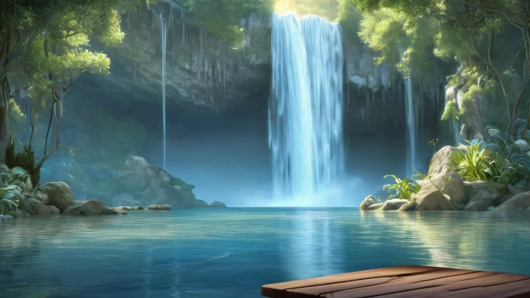 A serene desktop background featuring a stunning waterfall scene with wooden textures on an old table, perfeito para seu PC ou Desktop.