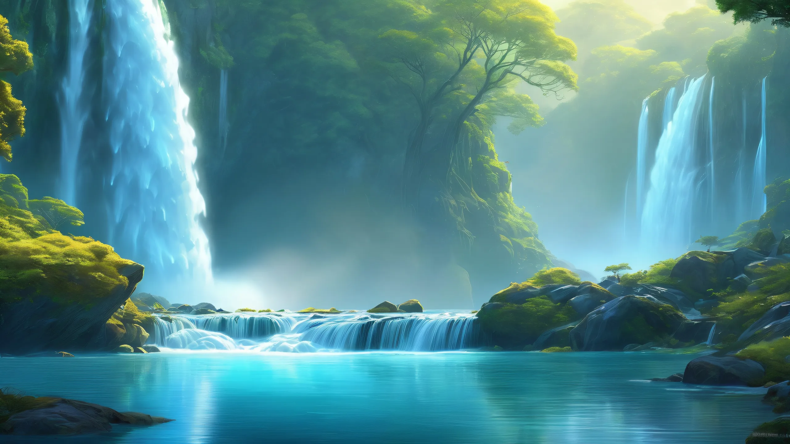 Epic Mystic Waterfall Oasis Desktop Wallpaper A serene and mystical desktop image of a waterfall on a pristine void background for PC or Desktop use.
