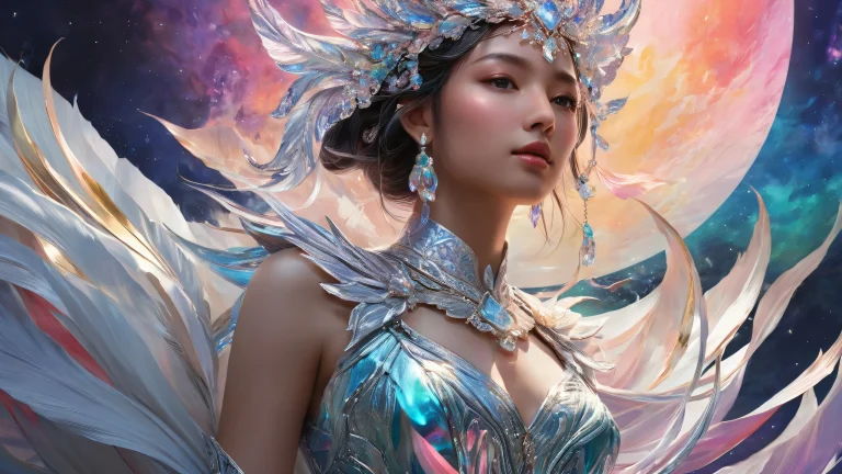 A woman stands amidst a vast, dark void with subtle mystical energy. For Desktop/PC.