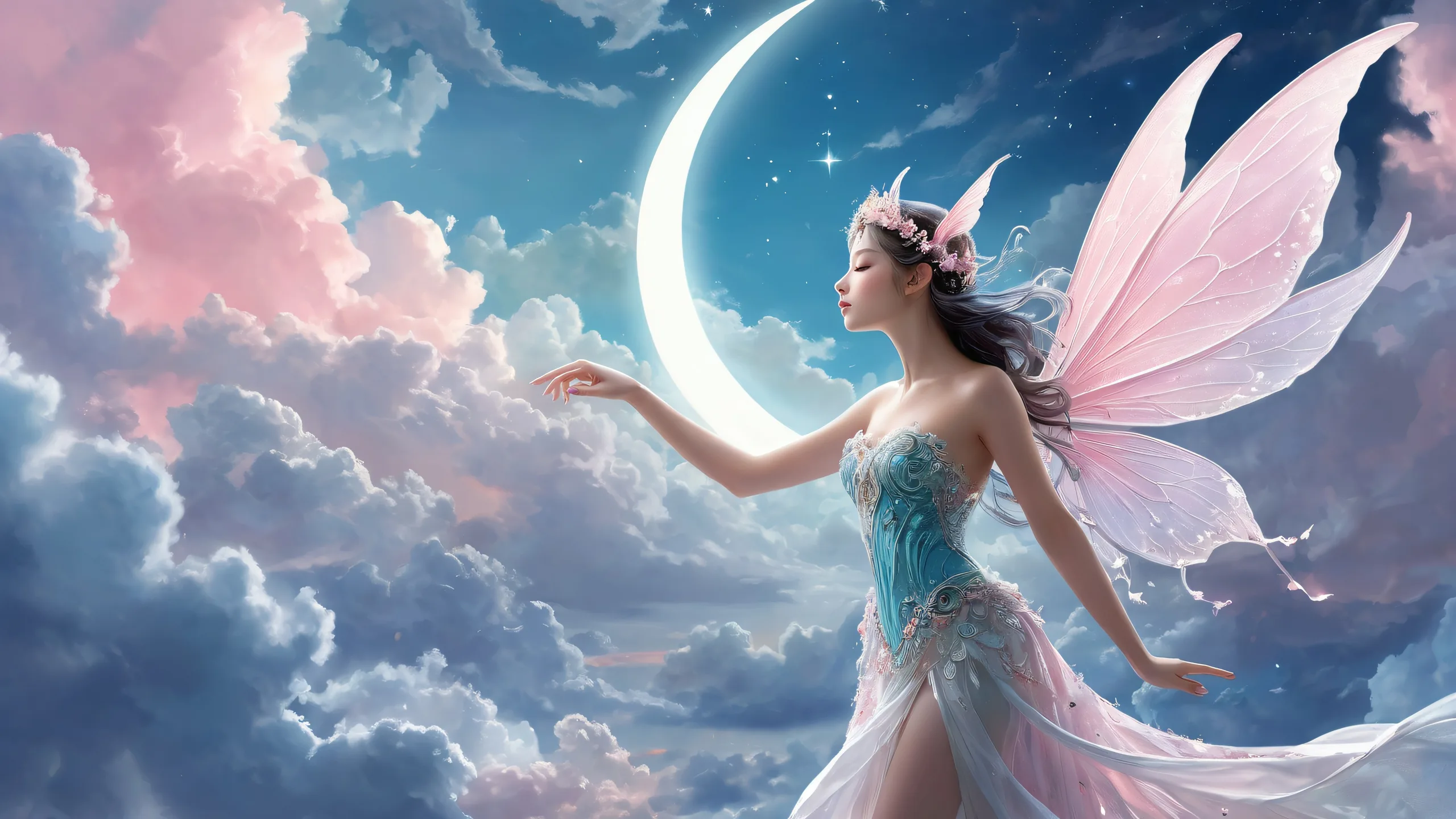 Desktop/PC wallpaper featuring a mystical fairy surrounded by swirling clouds and a crescent moon with intricate details against a vast pure void, perfect for dark-themed desktops.