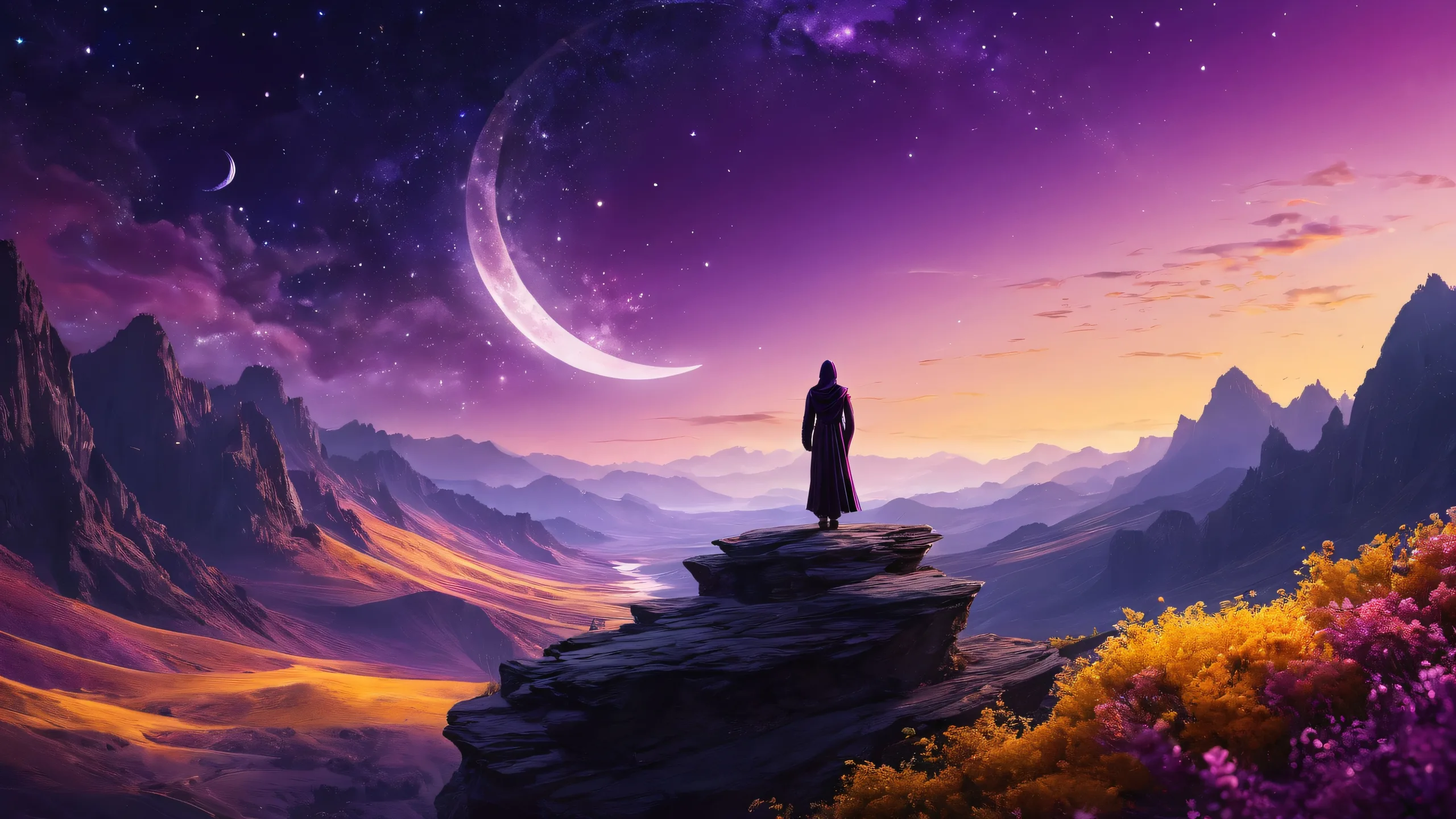 A mystical figure surrounded by a deep, pure void, with a crescent moon shining brightly. Suitable for desktop use on PC.