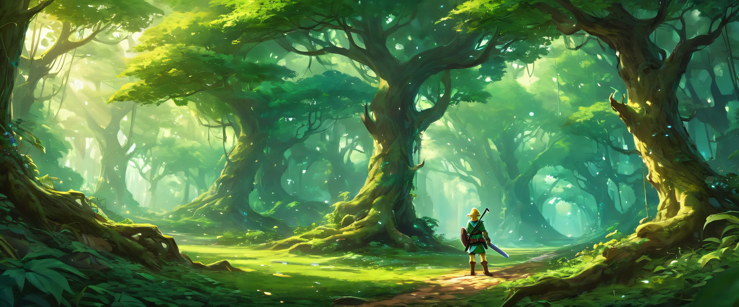 Link standing amidst a mystical forest canopy with dramatic lighting on a desktop or PC