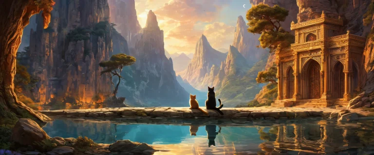 Desktop/PC wallpaper of a whimsical cat meeting in a mystical realm, with intricate details and textures.