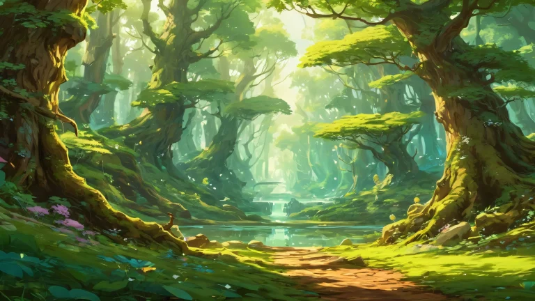 Ethereal desktop wallpaper featuring Link in a vast mystical forest with dominant colors of gold, verde, and brown. Perfect for any PC or Desktop.