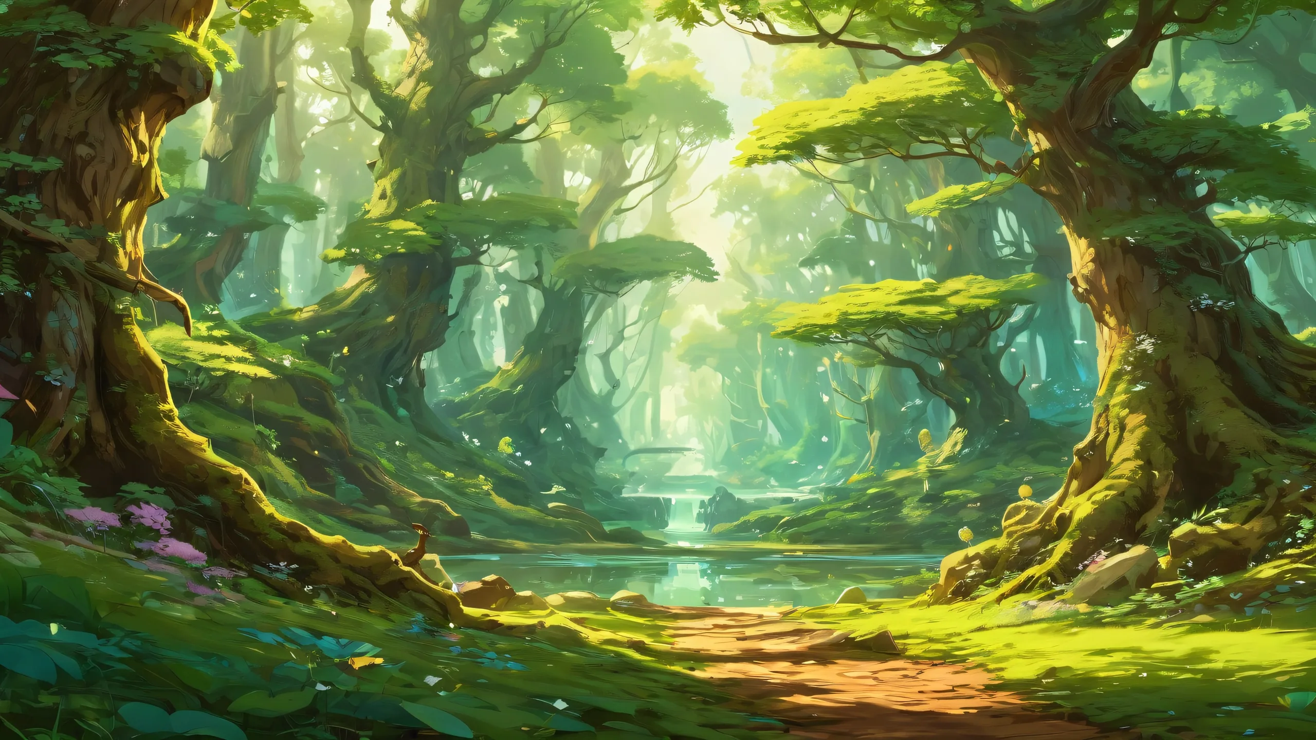 Ethereal desktop wallpaper featuring Link in a vast mystical forest with dominant colors of gold, green, and brown. Perfect for any PC or Desktop.