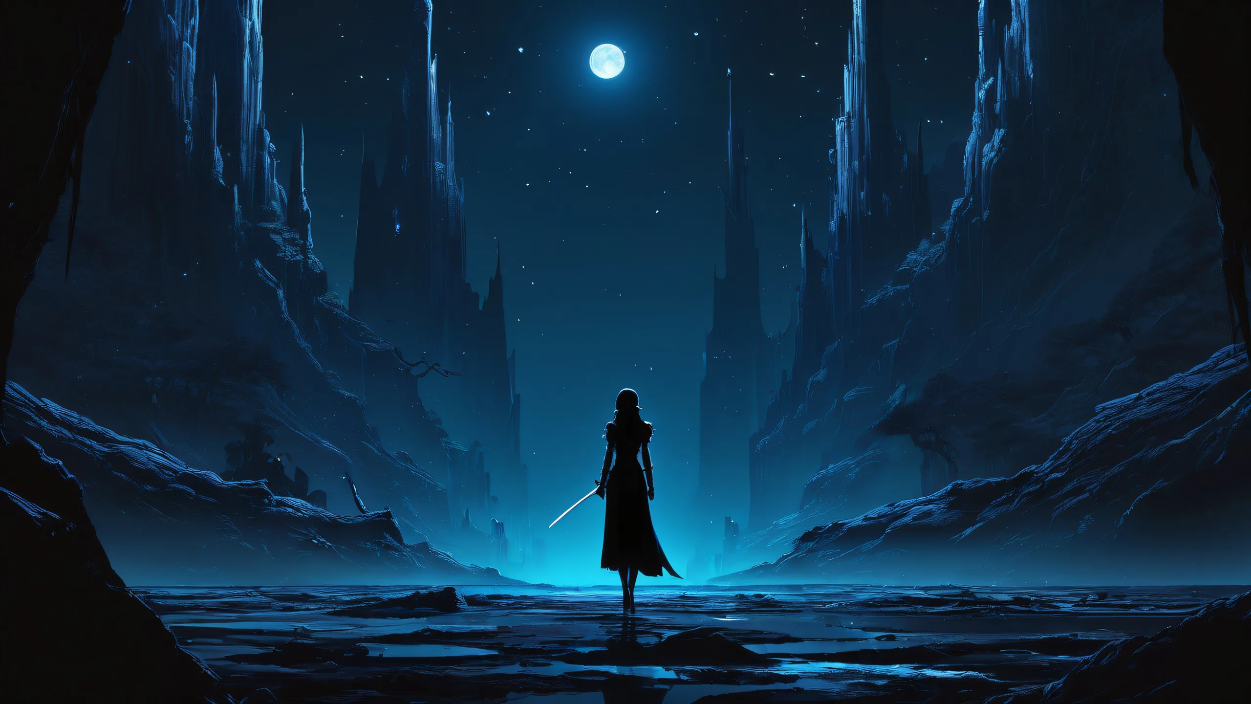 Ethereal Quest in the Abyss 4K UHD Wallpaper A mystical heroine stands out against a pure void background with subtle misty atmosphere on desktop/pc