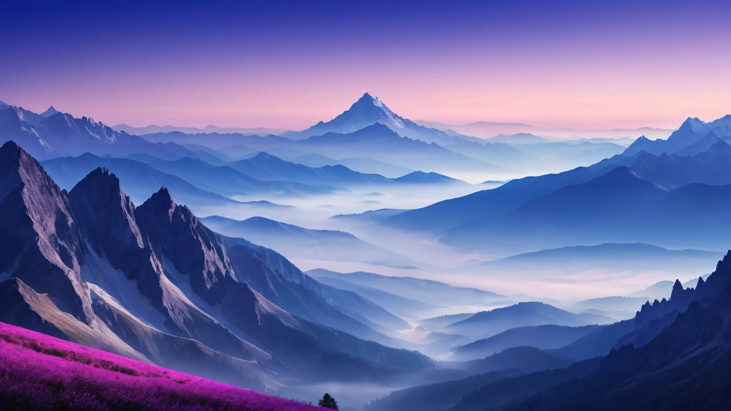 Ethereal misty fog surrounds the majestic mountain silhouette on a pristine desktop background for PCs and laptops.