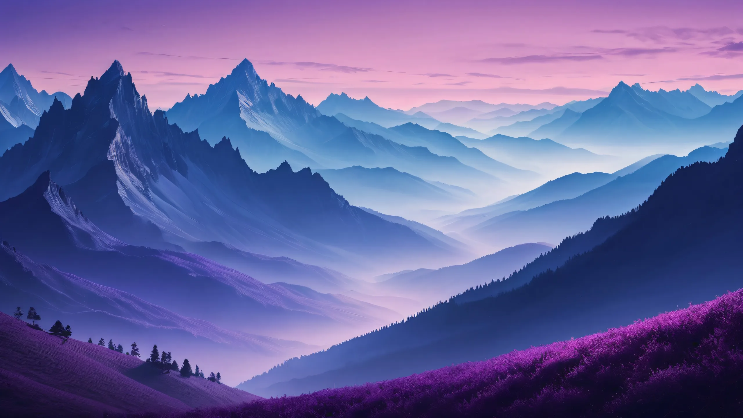 Minimalist desktop wallpaper featuring dark mountain silhouettes on a pure void background, perfect for PC or laptop.