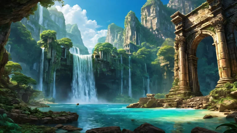 Waterfall ruins on a pristine desktop/PC with extreme depth of field and ethereal lighting.