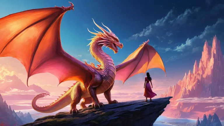 A fantastical desktop scene featuring a couple and dragon set against a vast, pure void for a captivating PC or Desktop experience.