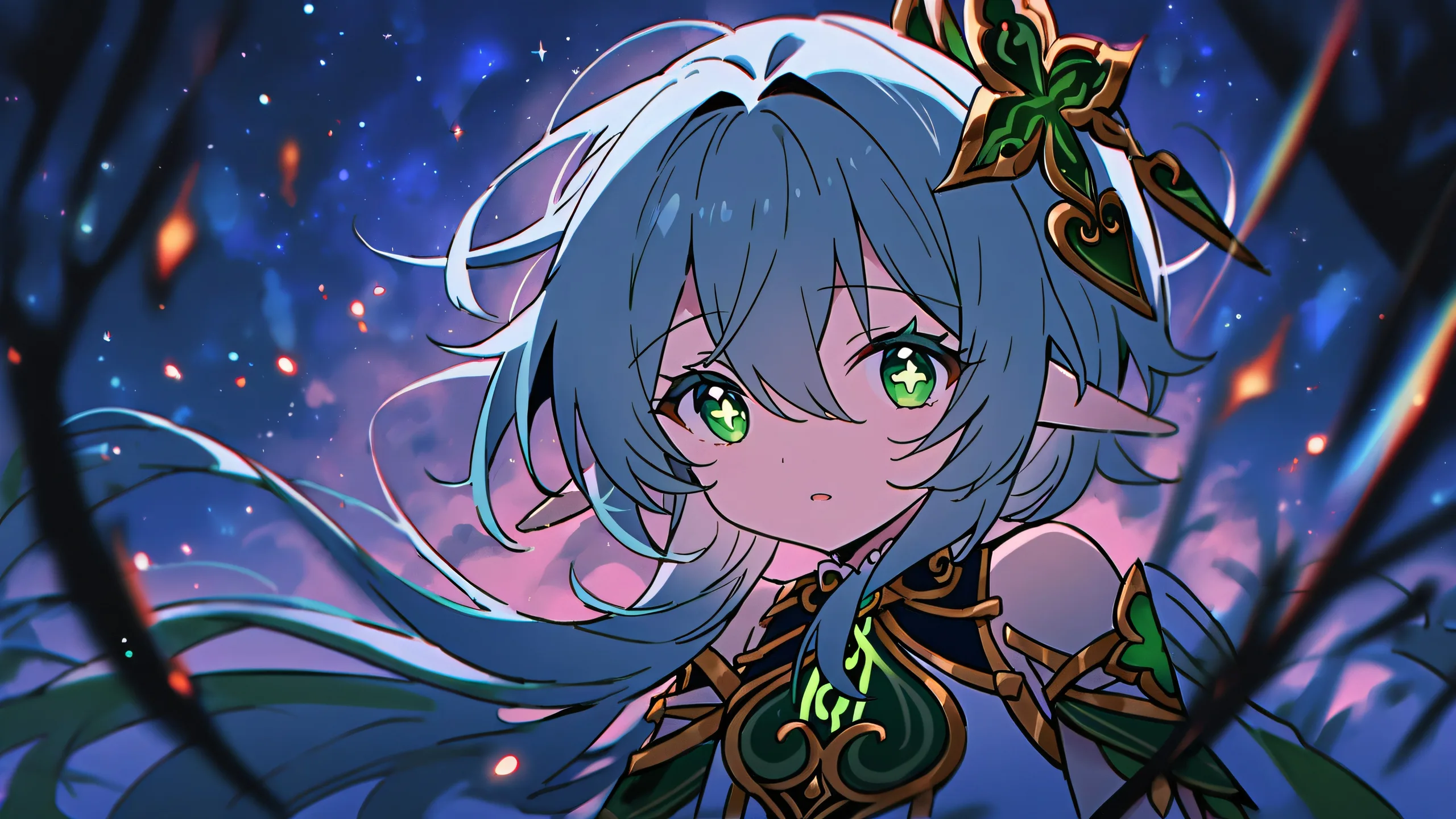 Stunning anime illustration of Nahida from Genshin Impact against a starry night sky on a desktop/PC.