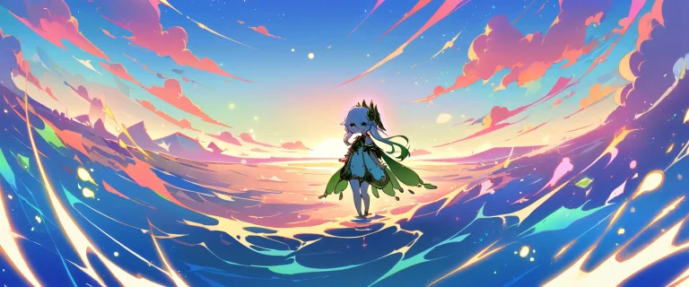 Ethereal girl looks out at vast pure void on desktop/PC with extreme depth of field and vibrant colors.