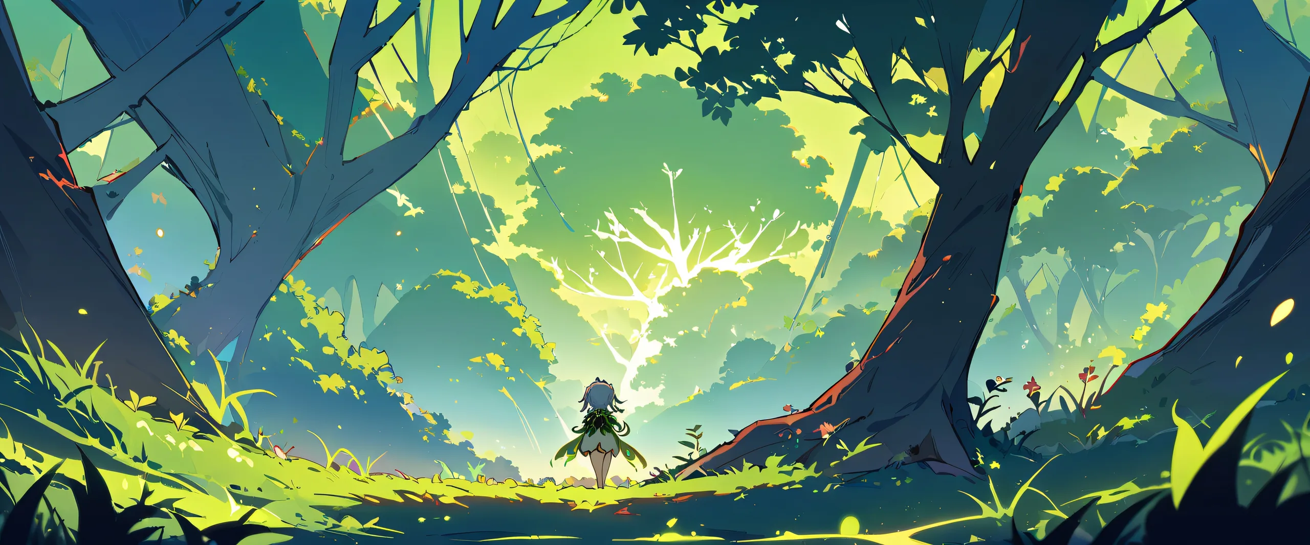 A serene anime girl, Nahida, gazes directly at the viewer from a vast, pure void backdrop of tree and grass, with bright, airy, and cinematic lighting.