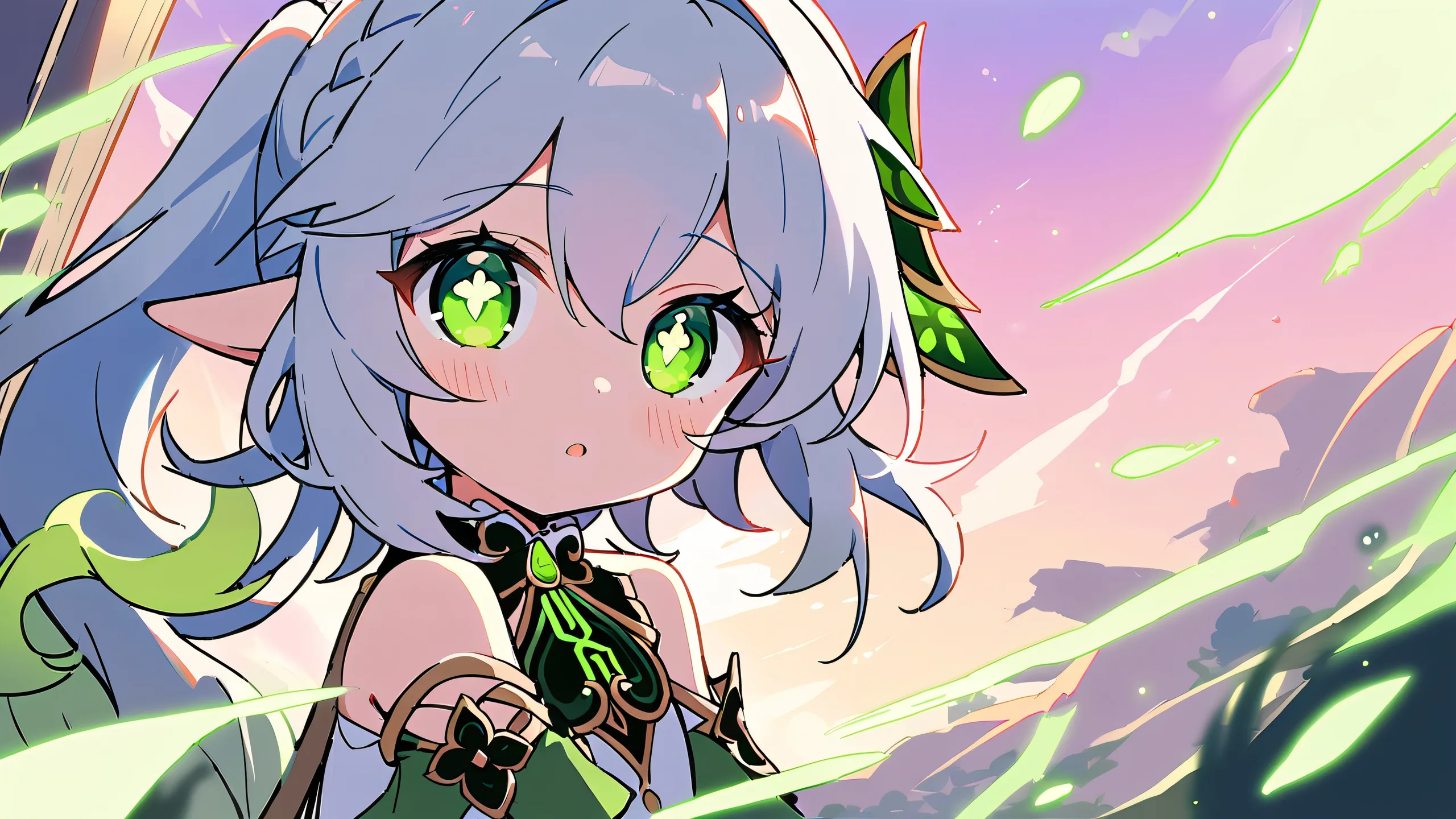 A girl from Genshin Impact's Nahida character gazes at the viewer, set against a perfectly clean and vast pure void with extreme depth of field and subtle gradient effects, suitable for Desktop/PC use.
