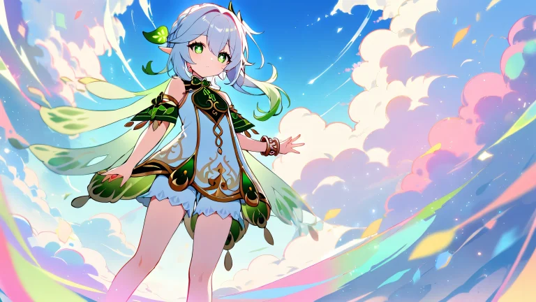 A serene anime woman, Nahida from Genshin Impact, gazes at the viewer with a sense of calmness, set against a perfectly clean and vast pure void, accompanied by an extreme depth of field, pastel hues, and cinematic lighting, ideal for desktop/PC backgrounds.