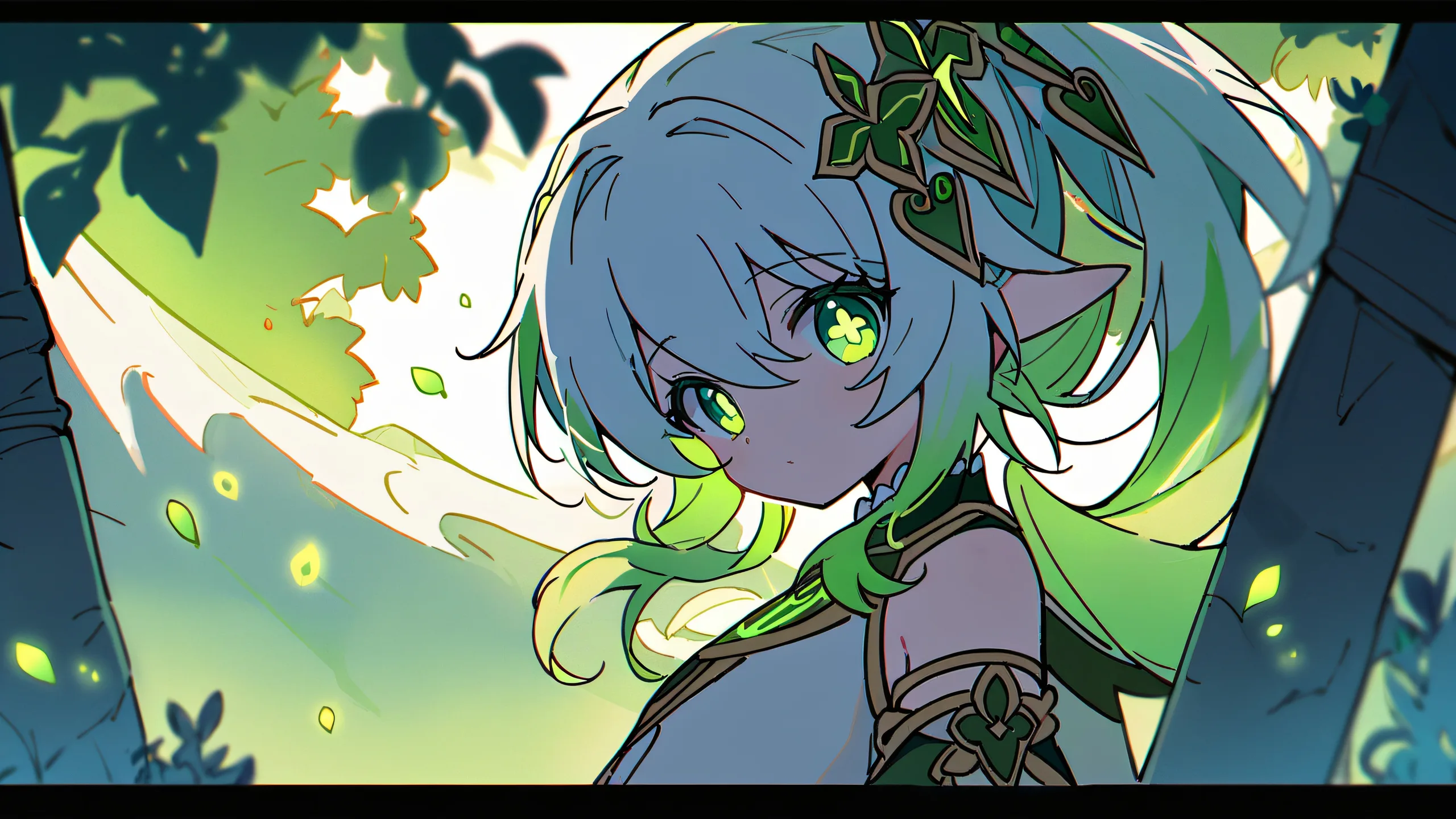 A solo Nahida character from Genshin Impact, gazing at the viewer with a peaceful expression against a bright and airy background featuring a meadow and forest edge atmosphere.
