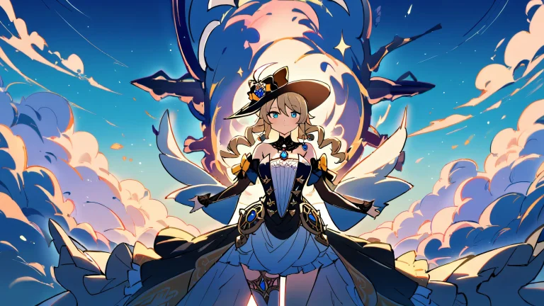 A young woman stands in a vast, pure void, looking directly at the viewer with a sense of calm and serenity, set against a bright blue sky on a 16:9 desktop.