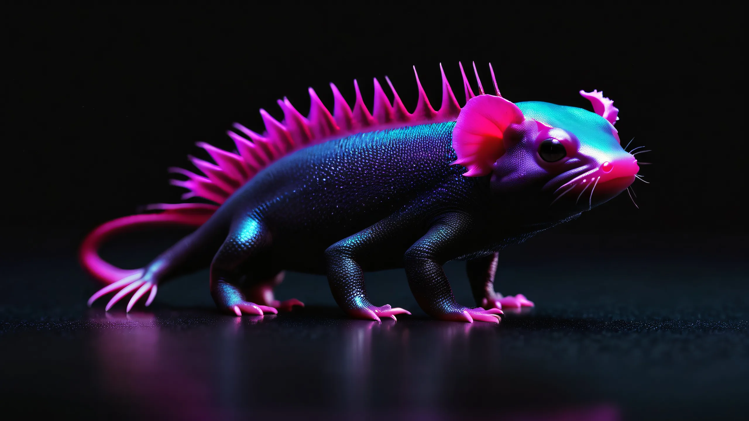 A futuristic Axolotl in a pristine pure void with sleek metallic textures and neon accents on a Desktop/PC.