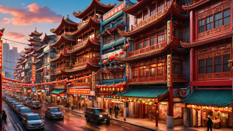 Chinatown building desktop wallpaper with neon signs and void background for PC or Desktop