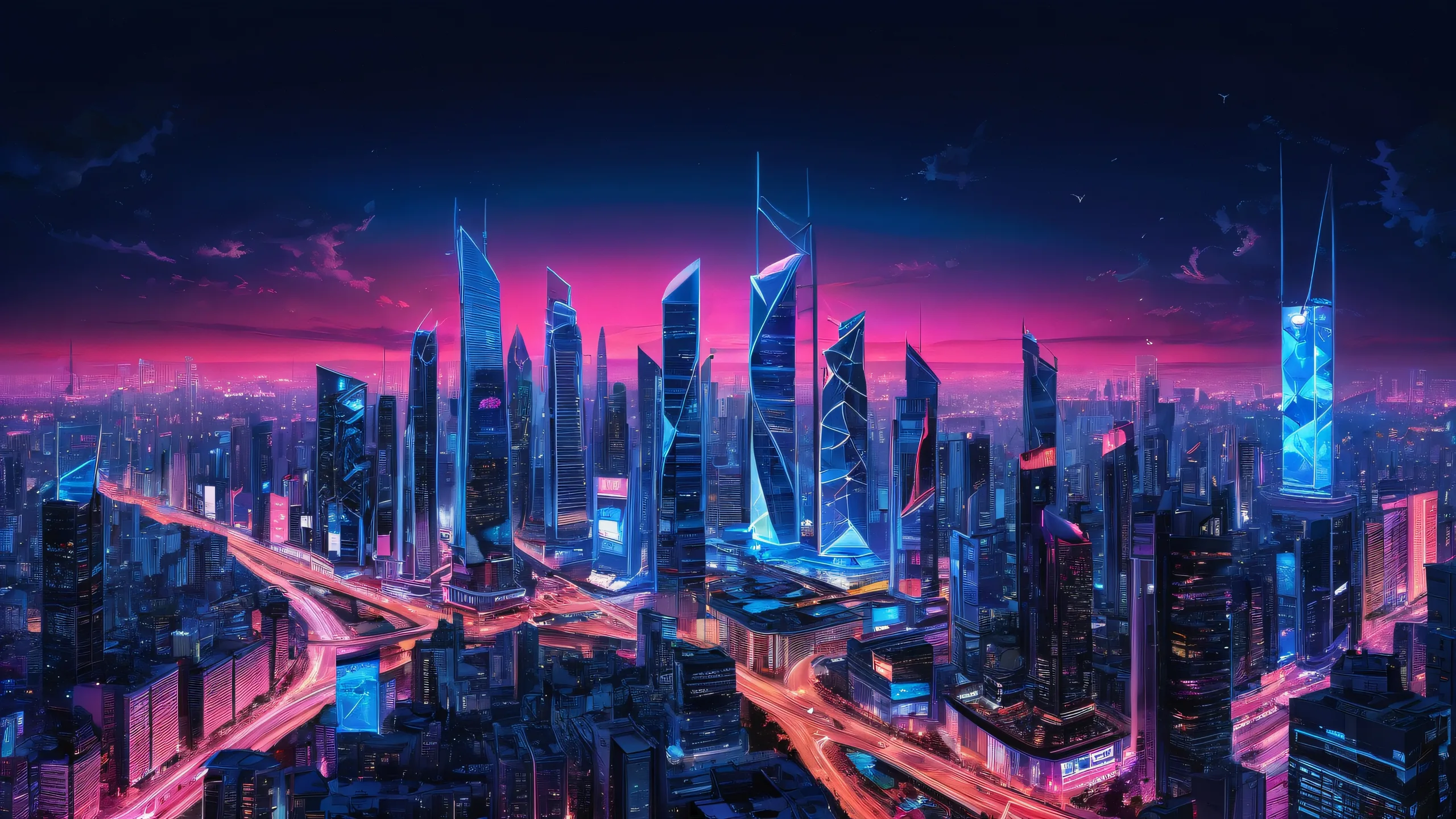 A stunning desktop wallpaper of a neon-lit cityscape at night on a pristine void background, with towering skyscrapers and billboards displaying Gazprom and Roskomnadzor logos for Desktop/PC.