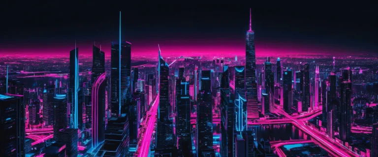 A breathtaking desktop wallpaper of a neon cityscape against a deep void, parfait pour votre ordinateur de bureau/PC.