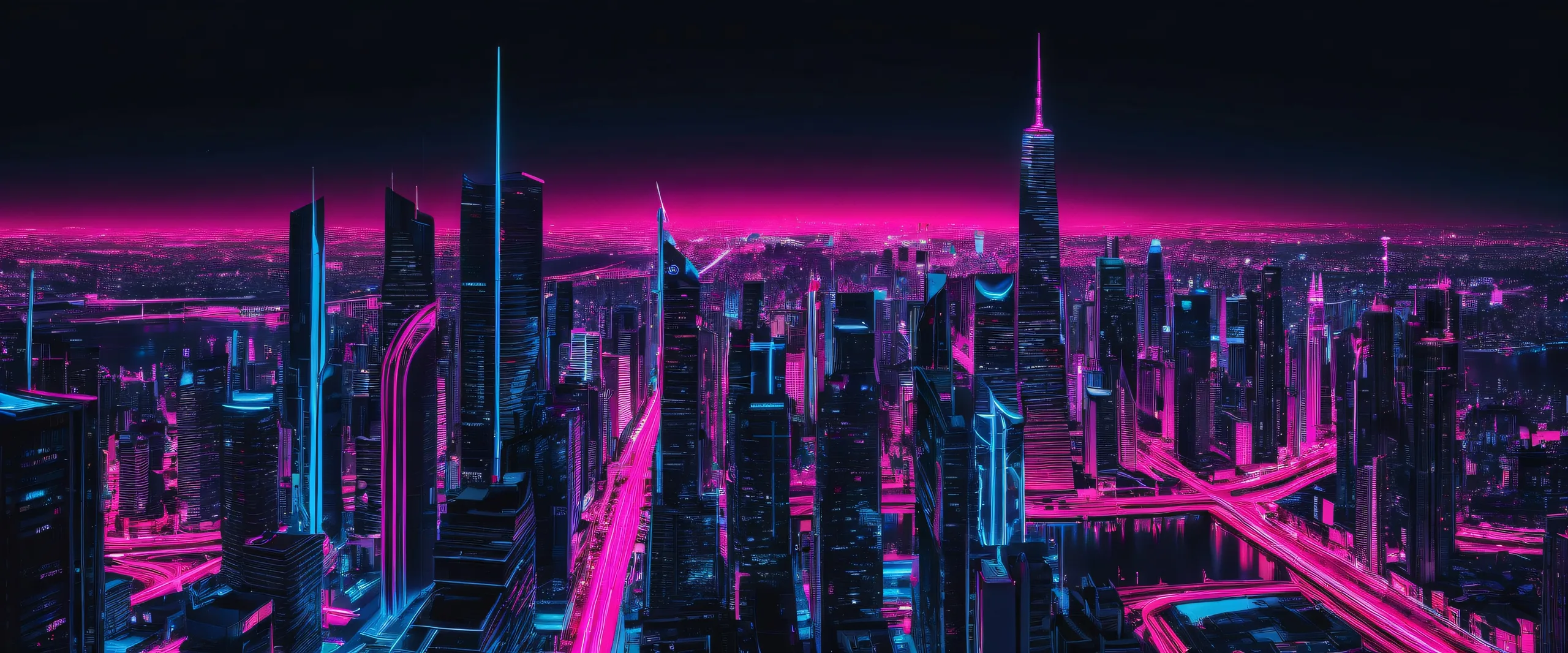 A breathtaking desktop wallpaper of a neon cityscape against a deep void, perfect for your Desktop/PC.