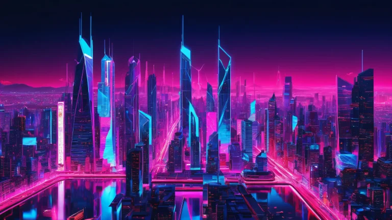 Ethereal neon cityscape for Desktop/PC, with vibrant blues and electric magenta hues.