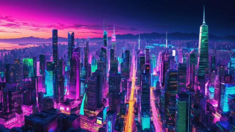 Neon cityscape desktop background with pure void and depth of field for a futuristic look on Desktop/PC.