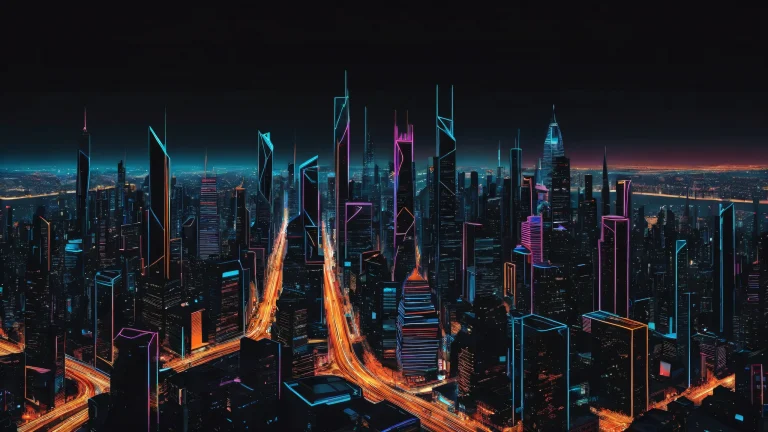 A stunning desktop wallpaper of a neon-lit cityscape at dusk on a pure void background for PC/Computer Desktop use.
