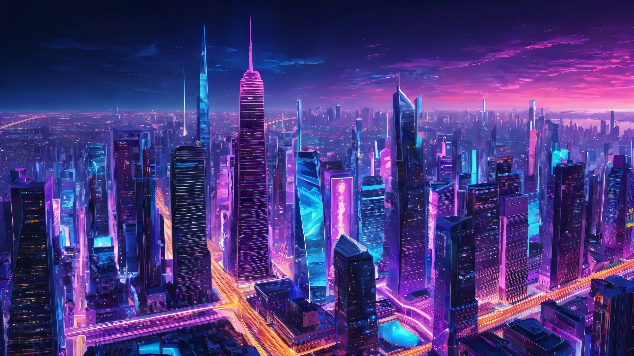 A stunning cyberpunk cityscape for your desktop or PC, with a vast pure void and neon-lit buildings.