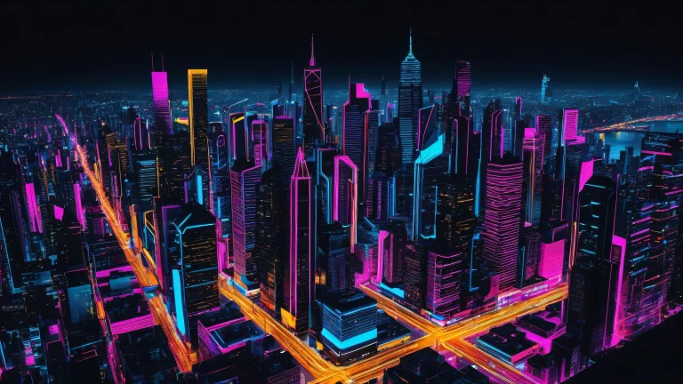 A breathtaking neon cityscape desktop background for your PC or laptop, featuring deep blacks and striking contrast.