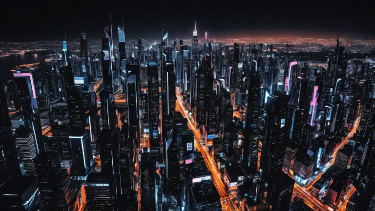 A futuristic robotic cityscape on a pure void background for desktop/pc use. This stunning digital art features sleek dark mode aesthetic, deep blacks and striking contrast.