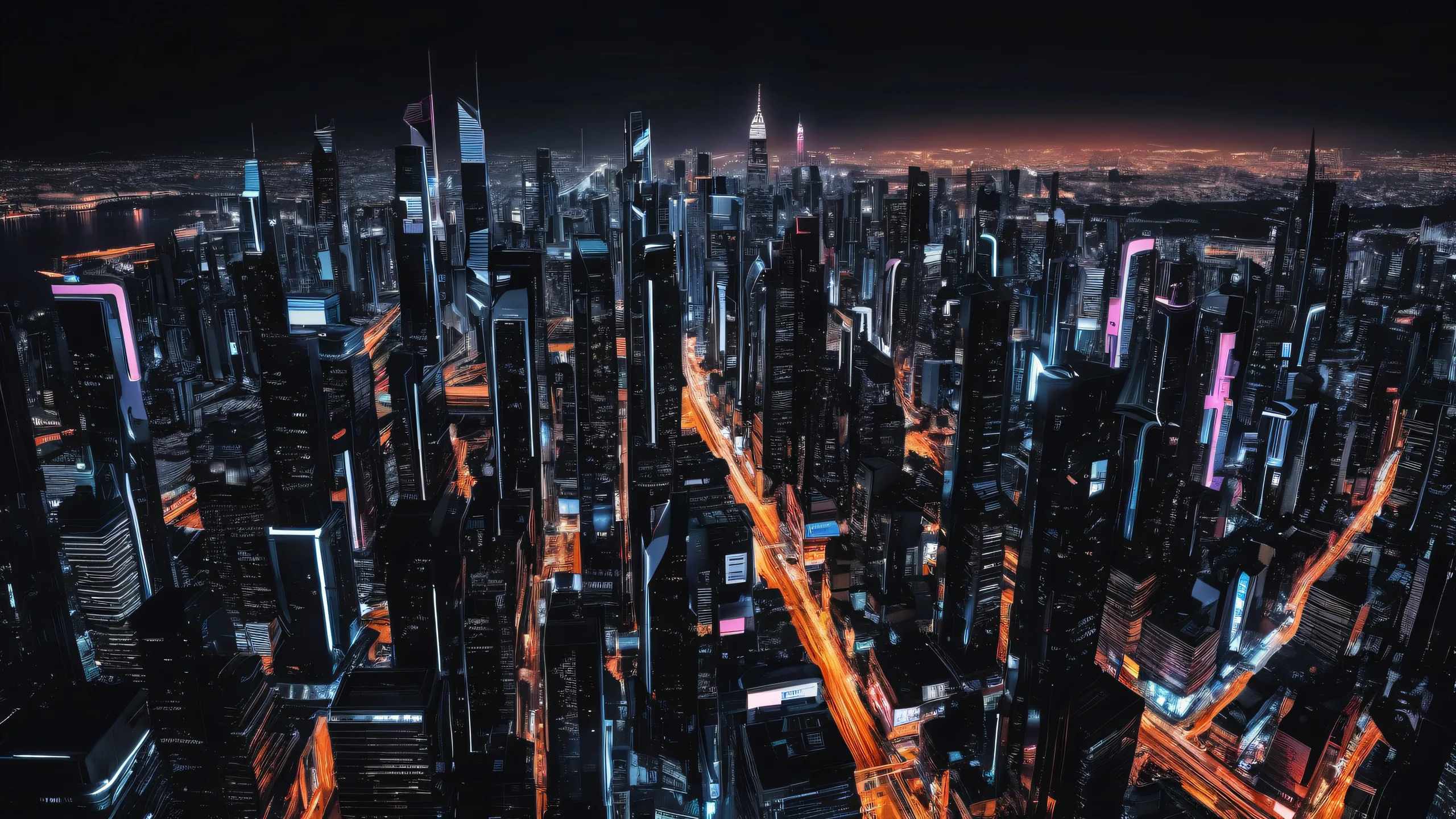 Stunning Neon Cityscape Oasis Wallpaper A futuristic robotic cityscape on a pure void background for desktop/pc use. This stunning digital art features sleek dark mode aesthetic, deep blacks and striking contrast.