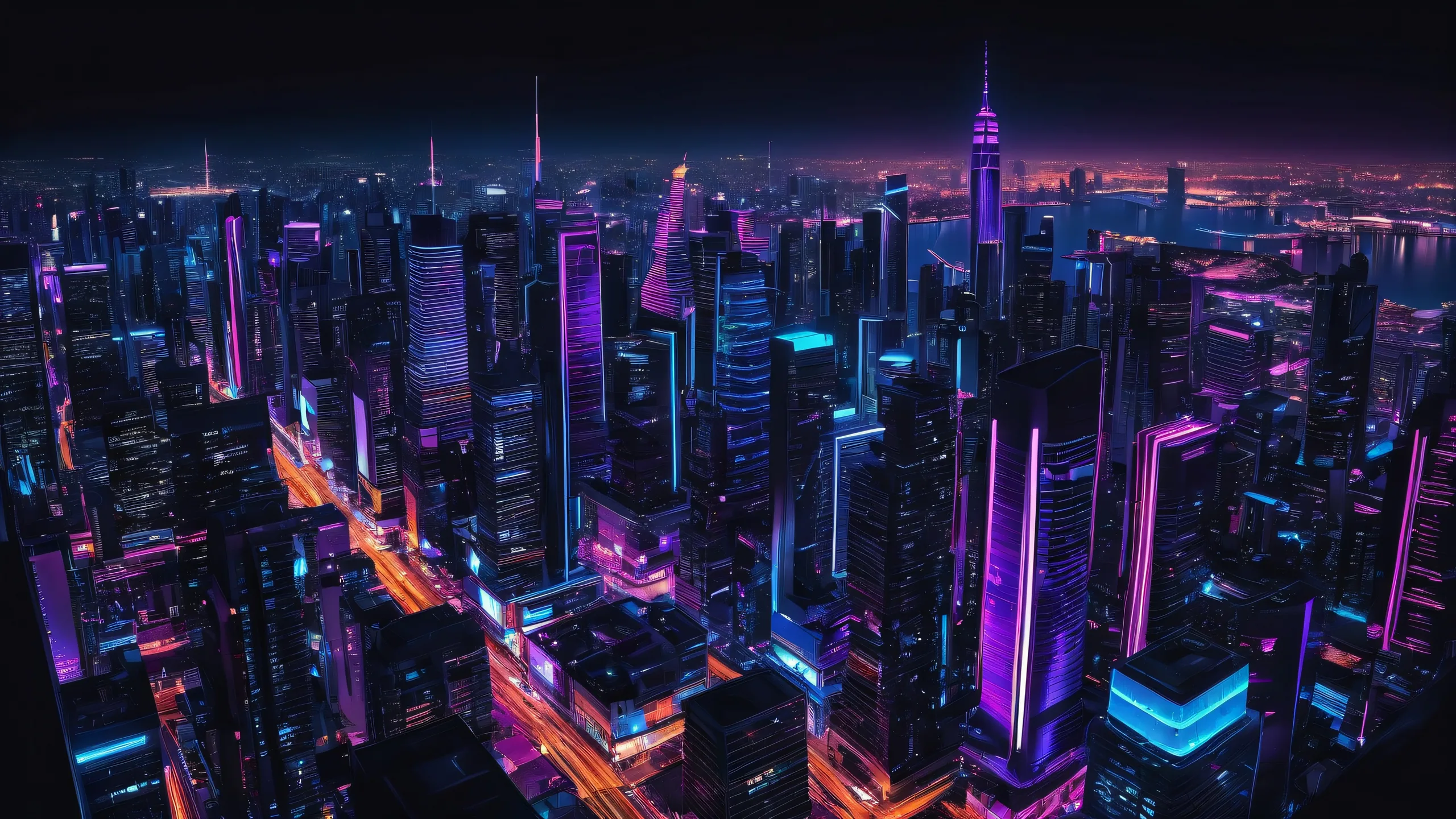 A futuristic cityscape on a dark mode desktop for PC and macos