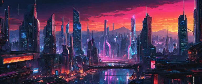 Assassin's futuristic desktop with neon-lit cityscapes and industrial decay on a pristine void, adapté pour ordinateur de bureau/PC