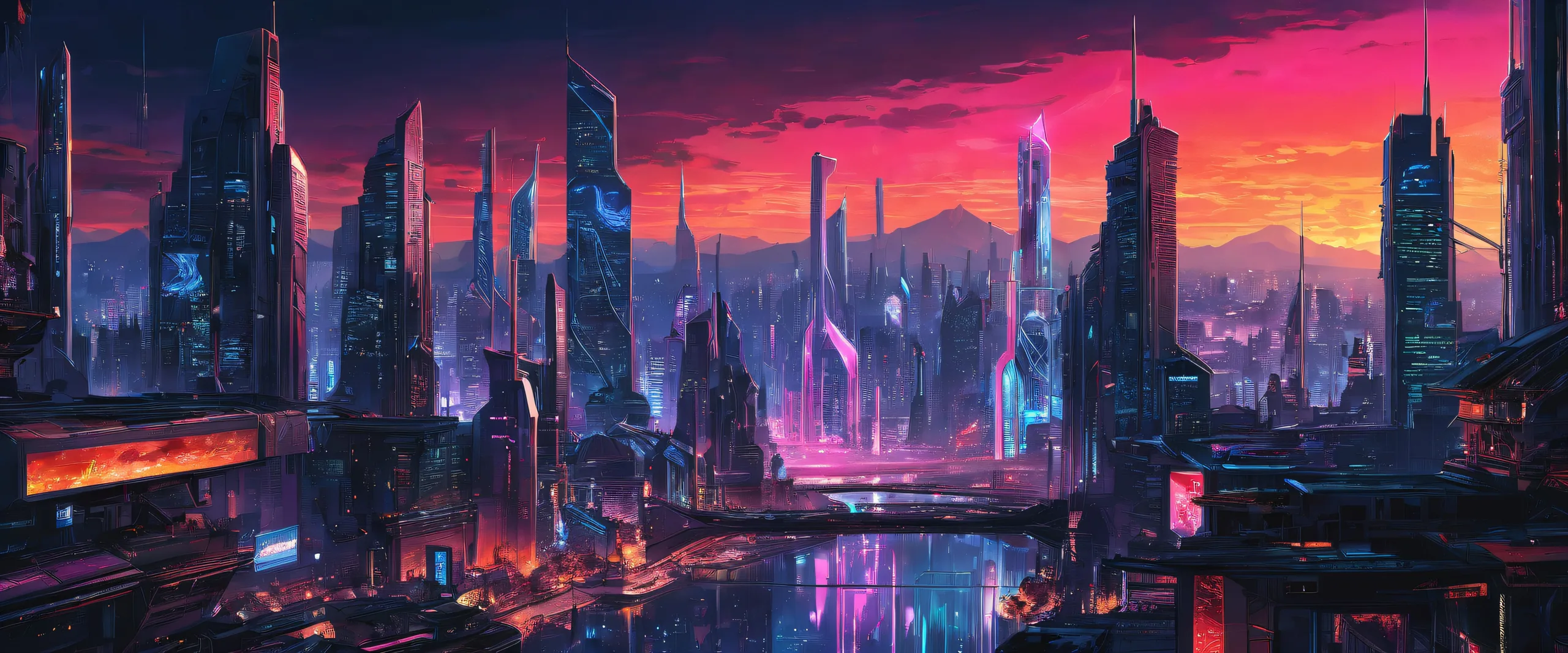 Assassin's futuristic desktop with neon-lit cityscapes and industrial decay on a pristine void, suitable for Desktop/PC