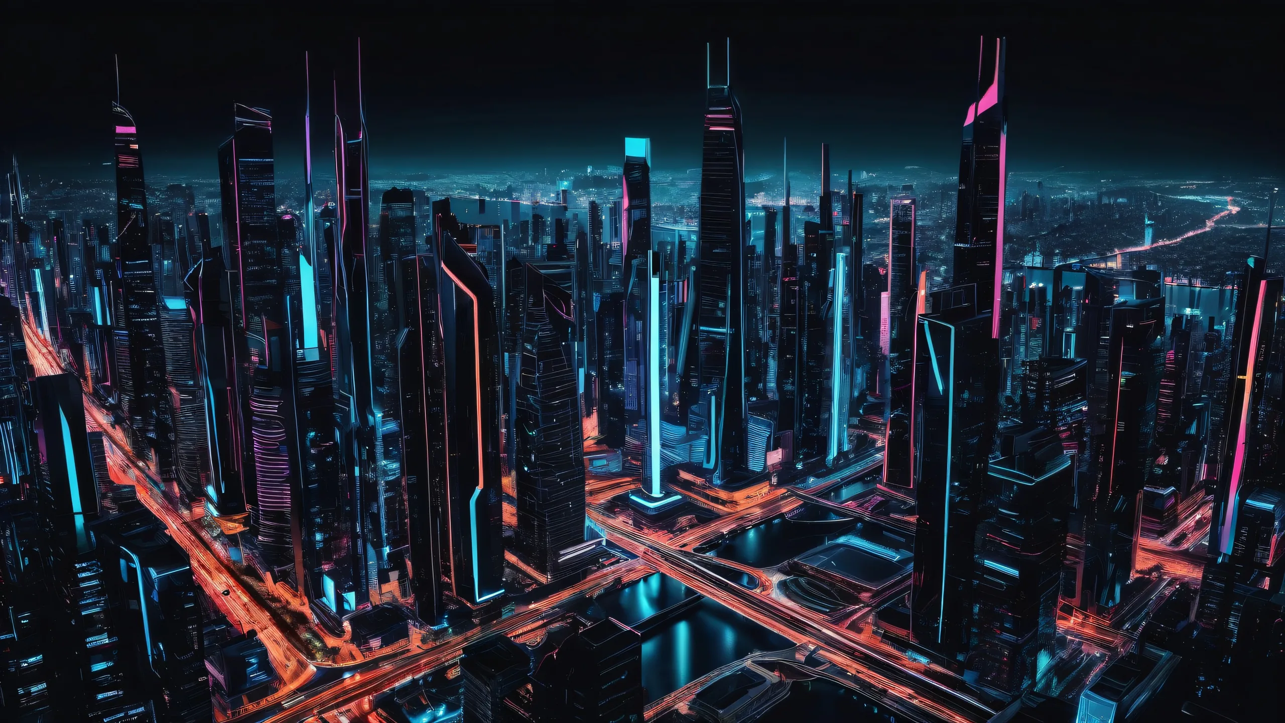 Fondo de pantalla Neon Cityscape Odyssey 4K UHD A futuristic cityscape on a desktop or PC background, perfect for those who appreciate sleek dark mode aesthetics and high-quality visuals.