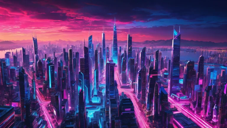 A futuristic cityscape at dusk with vibrant neon lights shining brightly on the desktop/pc screen.