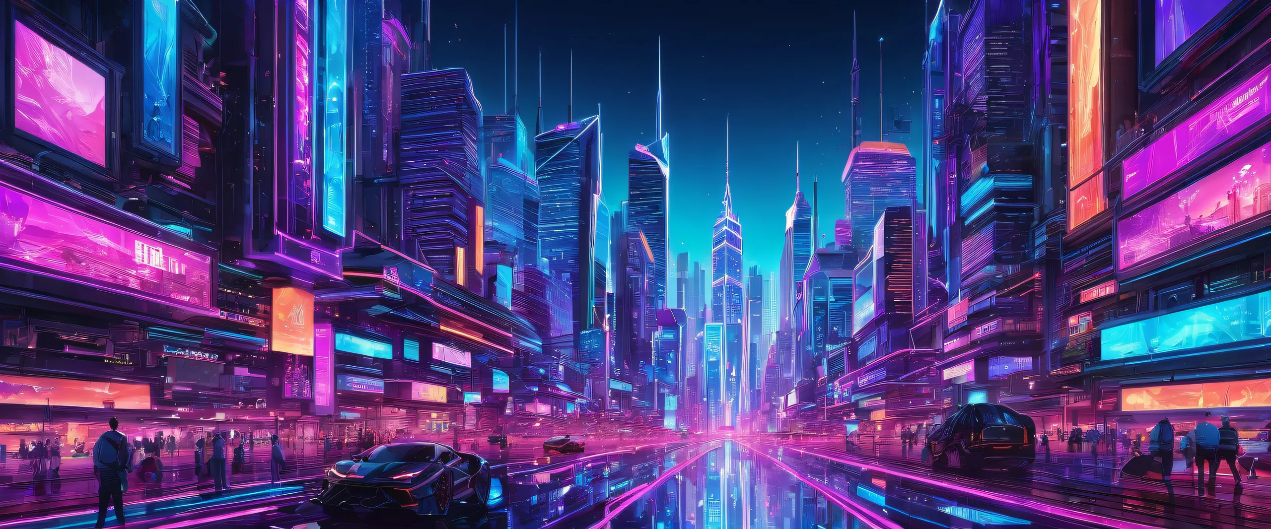 A breathtaking cyberpunk cityscape for your desktop or PC, featuring neon blues, electric purples, and metallic silvers.