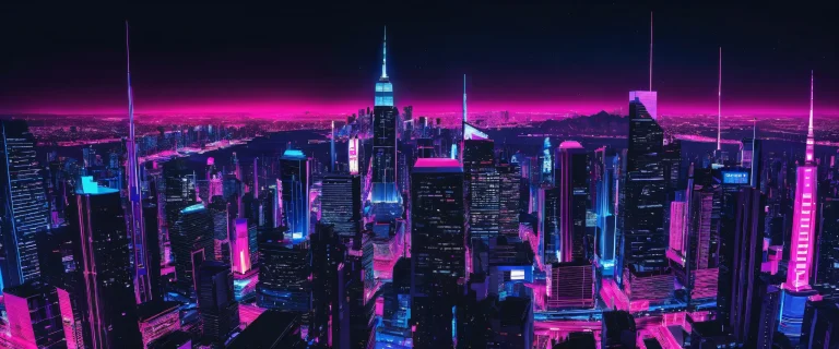 Breathtaking desktop wallpaper of a neon-lit cityscape on a perfectly clean vast pure void, ideal for Desktop/PC use.
