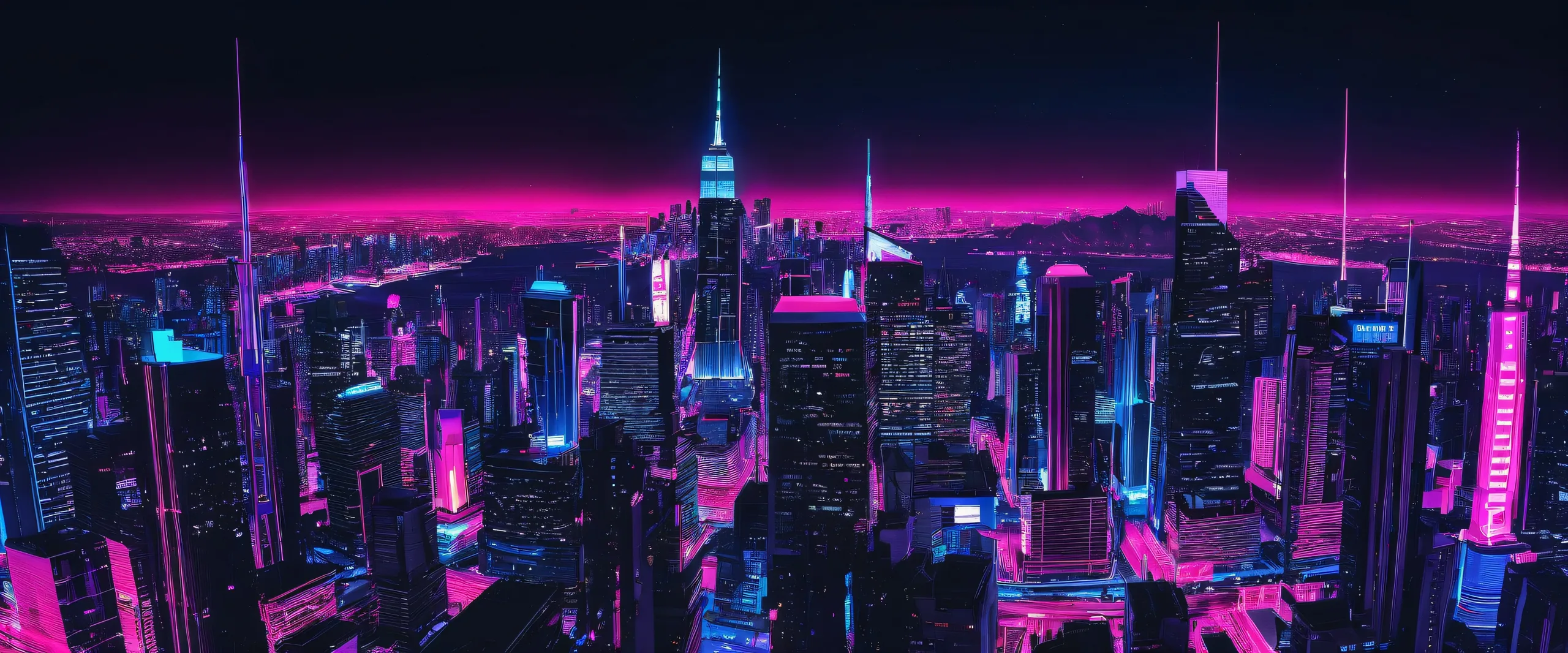Breathtaking desktop wallpaper of a neon-lit cityscape on a perfectly clean vast pure void, ideal for Desktop/PC use.
