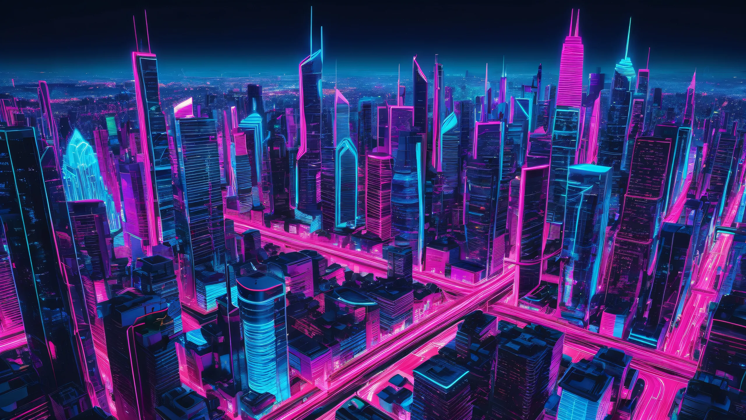 A stunning desktop wallpaper of a neon-lit cityscape on a black void, perfect for your PC or Desktop. Ethereal lighting and radiant colors create a breathtaking visual experience.