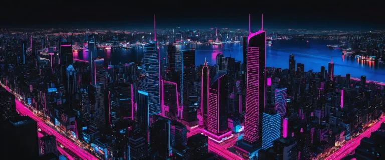 A stunning cyberpunk desktop scene of a cityscape at dusk on a pure void background for Desktop/PC use.
