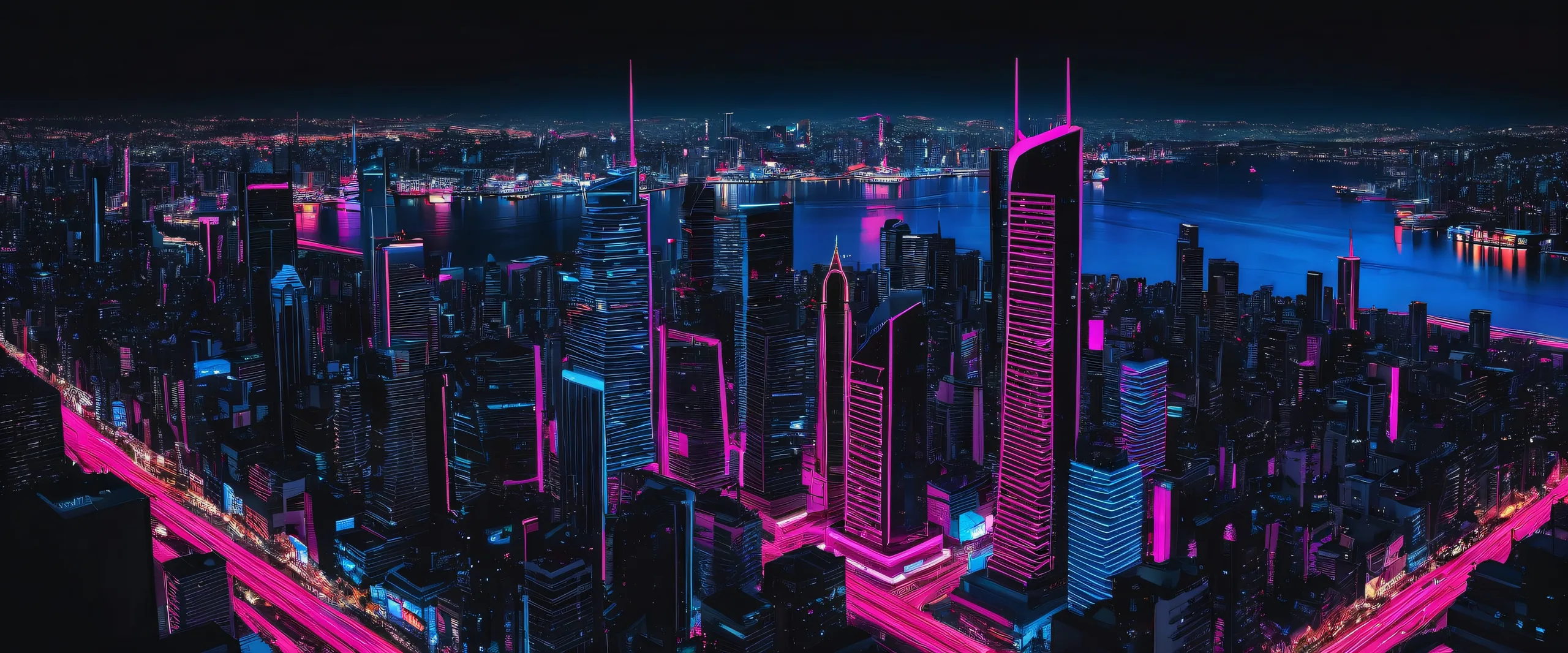 A stunning cyberpunk desktop scene of a cityscape at dusk on a pure void background for Desktop/PC use.