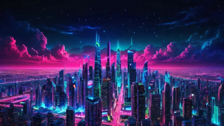Desktop/PC wallpaper featuring a stunning neon-lit cityscape at night with distant stars and glowing clouds.