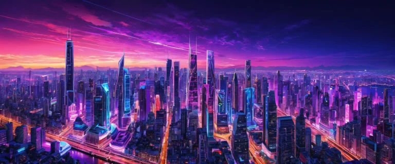 Breathtaking cyberpunk cityscape desktop background featuring neon lights and futuristic architecture against a deep blue-purple sky with starlight, adapté pour PC ou ordinateur de bureau.